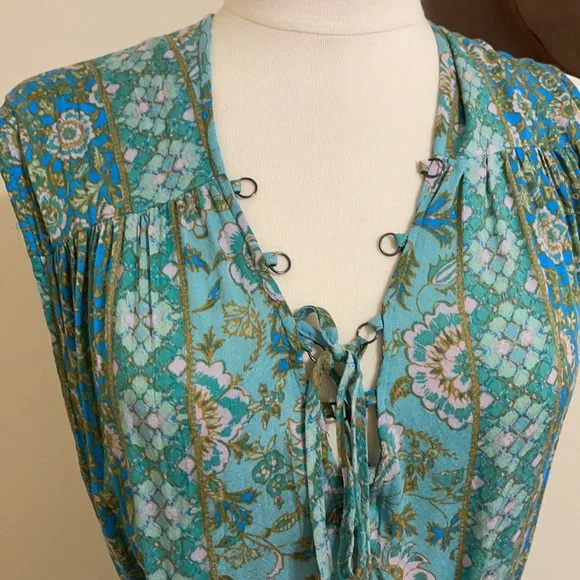 FREE PEOPLE Blue Boho Floral Print Crinkle Maxi Dress Teal Hanalei Bay - Picture 8 of 16